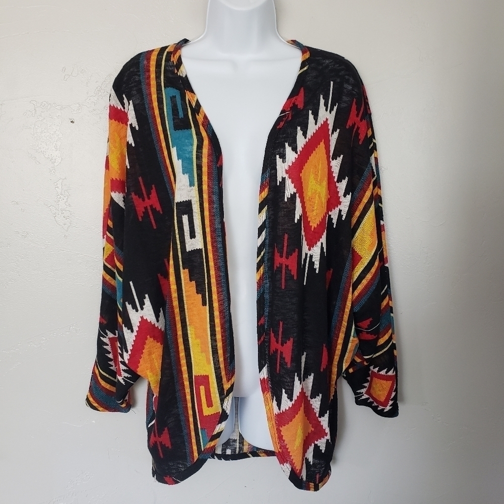 Wrangler Women's Medium Kimono Cardigan Black Colorful Aztec Western Boho Rodeo